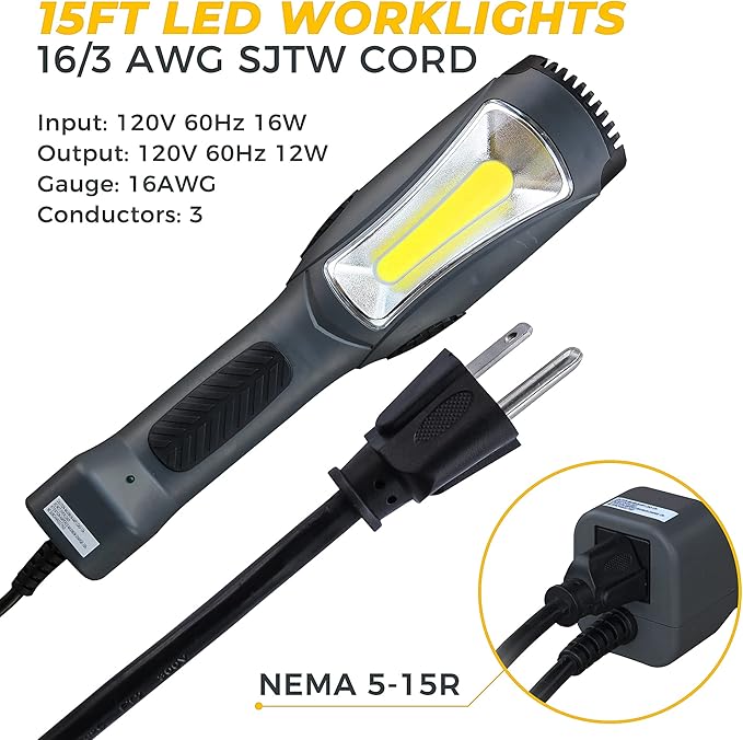 Portable Corded LED Work Light with Outlet in Handle, COB LED, 1600 Lumen 15ft 116AWG 3C SJTW Cord Handheld Outdoor Work Light, Magnetic on Back
