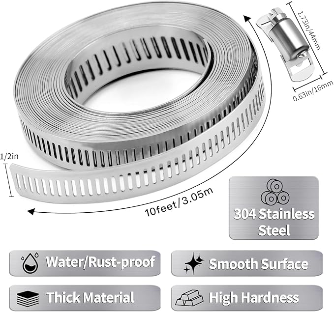 Hose Clamps 10FT Strap+10 Fasteners,DIY Cut-To-Fit 304 Stainless Steel Adjustable Large Worm Gear Band Clamp Assortment Kit,Metal Screw Fasteners and Strapping for Pipe,Duct,Pole,Tube