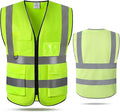 5 Pockets Class 2 High Visibility Safety Vest with Reflective Strips, Pockets Zipper Front Meets