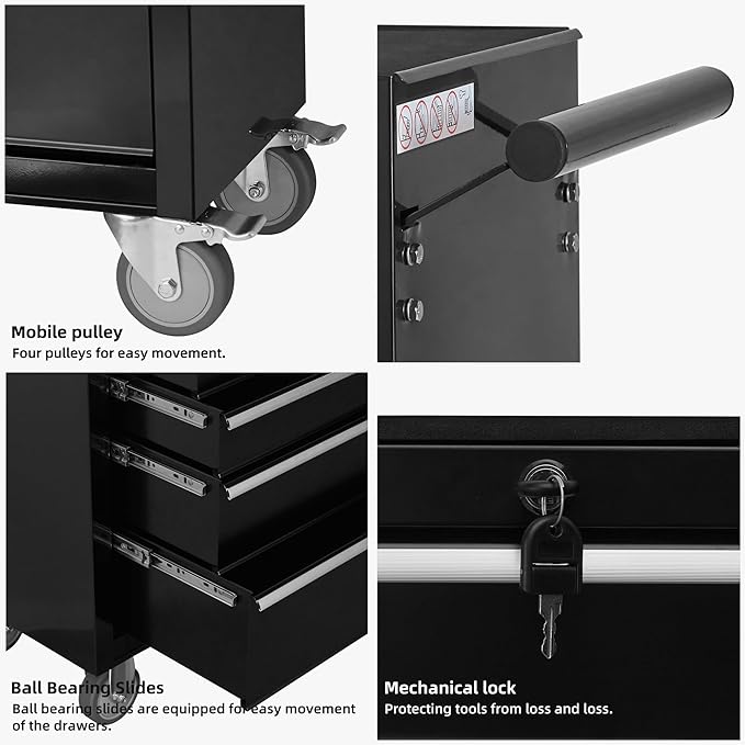 6-Drawer Rolling Tool Chest Cabinet, Large Capacity Metal Tool Box with Wheels and Keyed Locking, Roll Around Storage Organizer Tool Cart for Garage, Warehouse, Work Shop (Black)