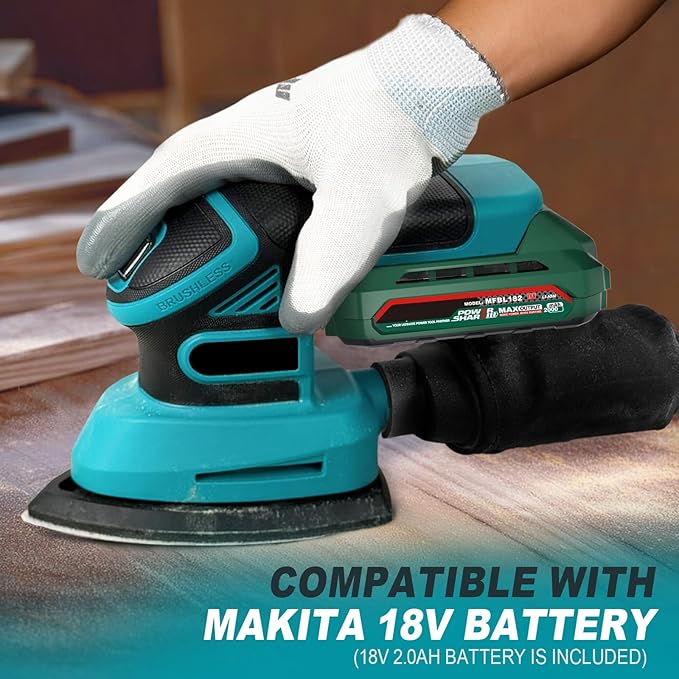 1.9Amp Cordless Detail Sander Compatible with Makita 18v Battery, Dust Collector, Brushless 12,000 OPM Speed, Compact Soft Palm Grip, 10pcs Sanding Pads, 2.0Ah Charger & Battery Kit (Blue)