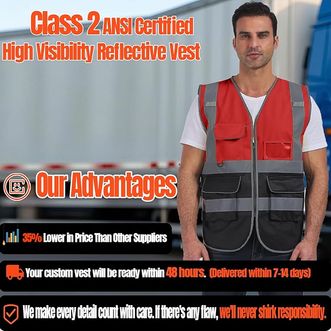 BeautyWill Custom Safety Vest Customized Logo Class 2 High Visibility Reflective Vest with Pockets Construction workwear