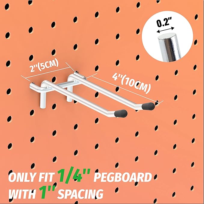 HUHOLE Double Arm Pegboard Hooks 4 Inch 10PC, Fit 1/4" Pegboard, Ideal Peg Board Tool Utility Hooks for Garage Organization, Wall Storage, Heavy Duty Tool Holder with Protecting Tip