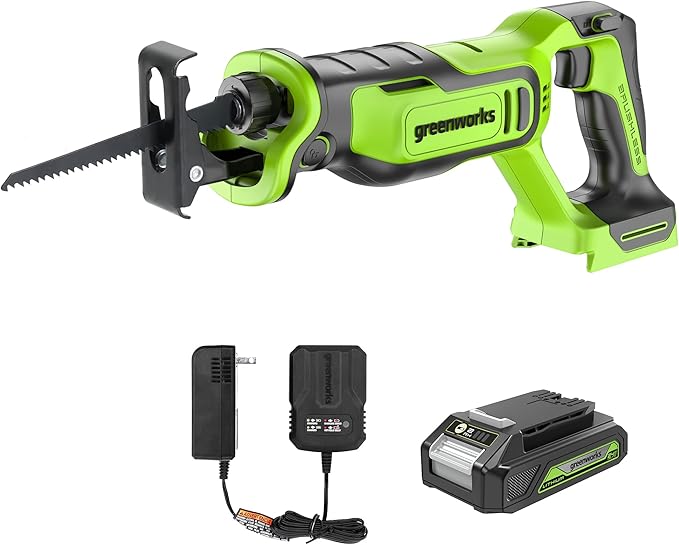Greenworks 24V Brushless 1" Compact Reciprocating Saw (3,000 SPM), 2.0Ah Battery and Compact Charger Included
