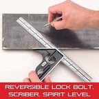 Starrett Steel Combination Square with Square Head - 12" Blade Length, Hardened Steel, Reversible Lock Bolt, Scriber, Spirit Level, 16R Graduation Type - C11H-12-16R