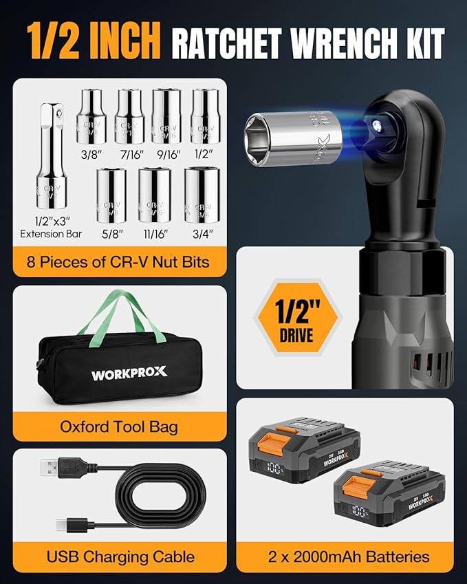WORKPROX Electric Ratchet Wrench 1/2" Set, 20V Cordless Ratchet Wrench Kit, 74Ft-lbs, 250RPM, Battery Powered Ratchet with LED Light, 2-Pack 2000mAh Batteries, 7 Sockets & 3" Extension Bar