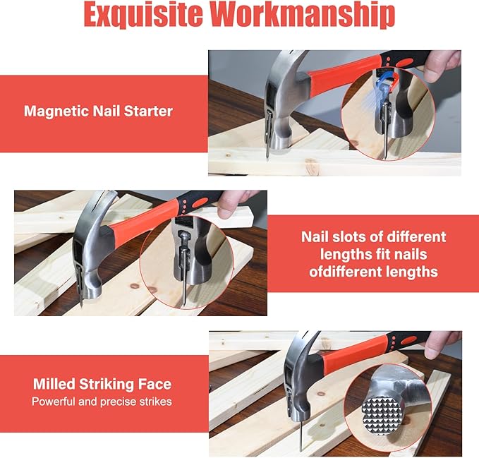 Upgrades 16oz & 8oz Claw Hammer Set with Magnetic Nail Holder, Non-Slip Grip, Dual Nail Grooves Ergonomic Handle for Precision & Safety