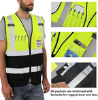 Dib Safety Reflective Vest High Visibility with Pockets and Zipper, Yellow and Black L
