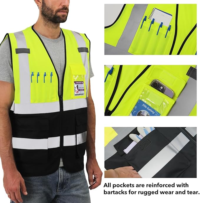 Dib Safety Reflective Vest High Visibility with Pockets and Zipper, Yellow and Black L