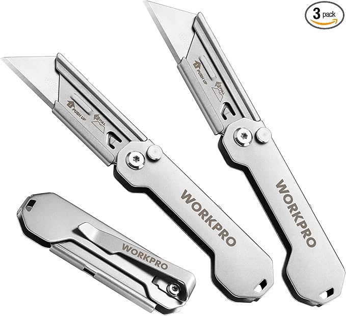 WORKPRO 3-Pack Folding Utility Knife, Quick Change Blades Box Cutter, EDC Foldable Pocket Utility Knife Sets with Belt Clip