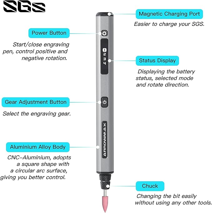 AM ARROWMAX Electric Mini Engraving Pen, HollowCup Motor, 42 Bits with Aluminum Case, OLED, Magnetic Charge, Mini Cordless Rotary Tool, Engraving Pen for Bead, Metal, Wood, Glass and Plastic (SGS)
