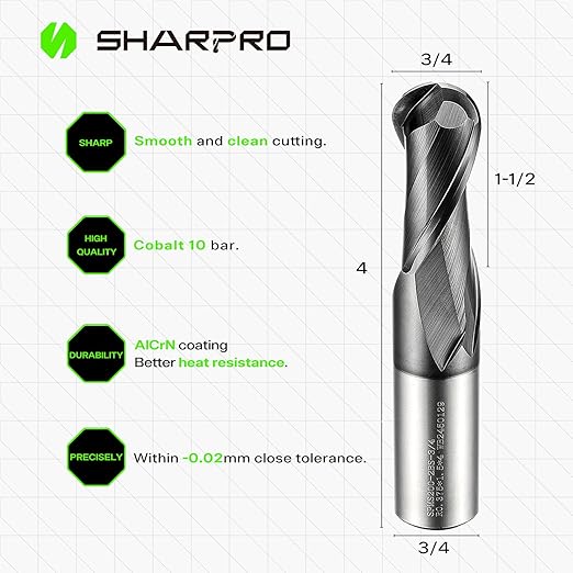 Extra Long Ball Nose End Mill 2 Flute 3/4 Inch SHK. and Cutting Dia. 3D Carving, High-Speed and Deep Cutting, AlCrN Coated, Apply for Alloy Steel, Stainless Steel and Various Cast Iron.