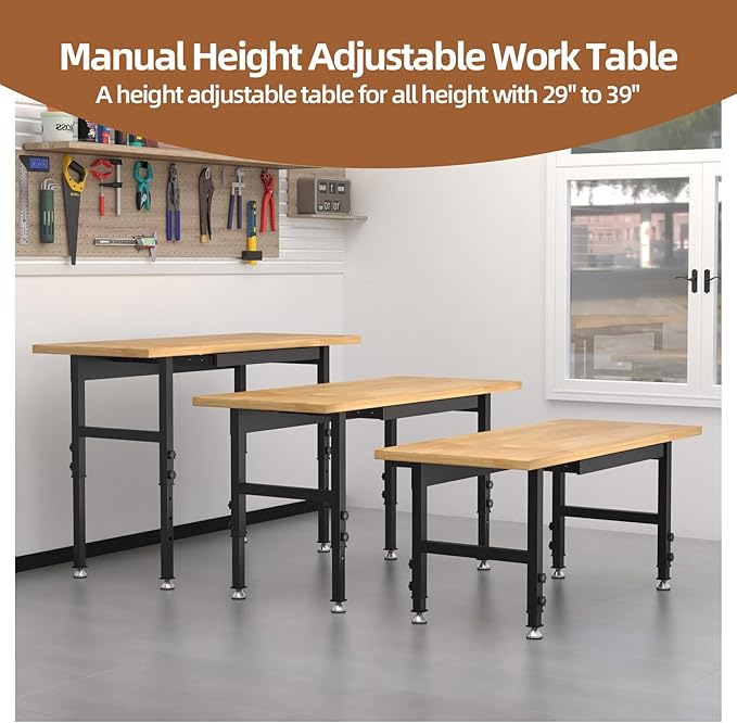 70'' Adjustable Workbench, Solid Wood Work Bench Table with Wheels and Power Outlet & Pegboard, Rolling Workbench Large Load Capacity Garage Workbench for Workshop,Office,Home