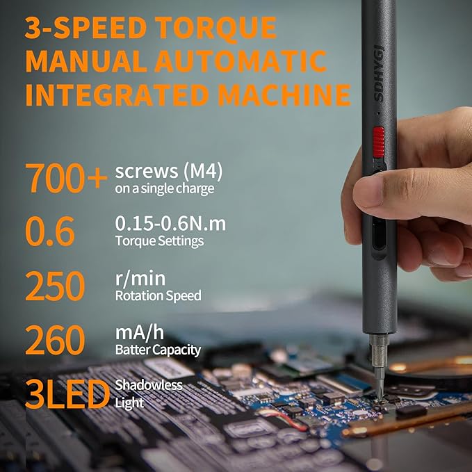 Mini electric screwdriver，Precision Screwdriver Set, With electric drill function, 3 Gears Torque, 3LED light,Magnetic Storage，Overload Protection.