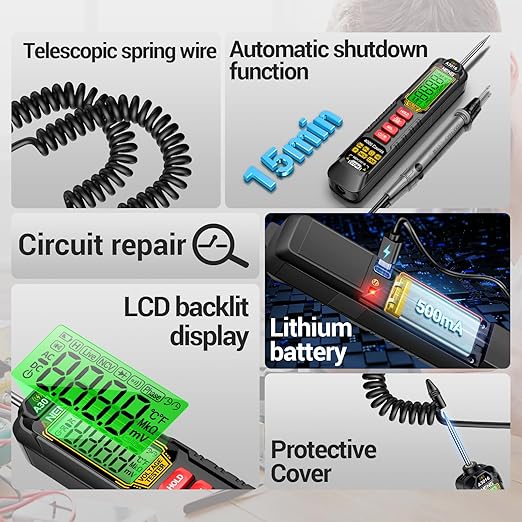 0.5V-600V Multimeter,AC/DC Automotive Test Light,Rechargeable Buzzer Circuit Tester with Sharp Probe,Polarity Indicator Light, Continuity Voltage Fuse Tester Pen with Alligator Clip for Sedan, SUV, RV