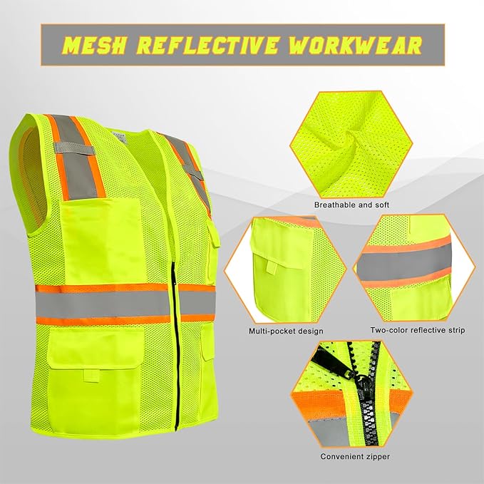 BeautyWill Custom Safety Vest Customized Logo Class 2 High Visibility Reflective Vest with Pockets Construction workwear