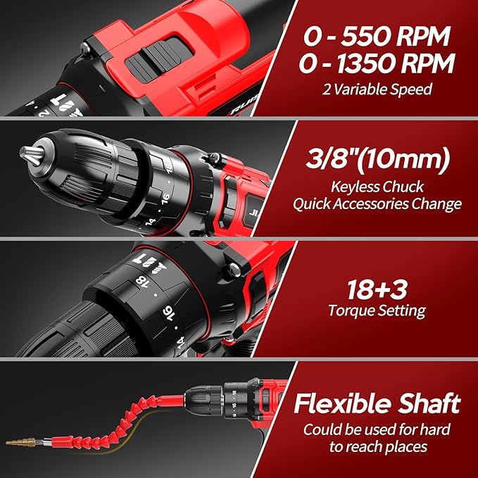 20V Cordless Drill, Electric Power Drill Set with Battery Charger, 3/8” Keyless Chuck, 2 Variable Speed, 18+3 Torque, 72pcs Driver Bits and Belt Hook, Red