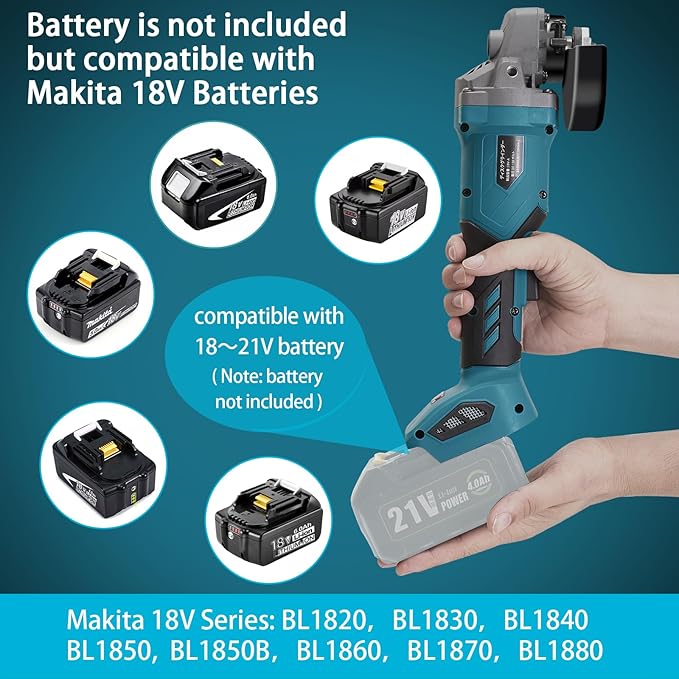 Angle Grinder, 4inch Cordless Angle Grinder, 18V/21V Grinder with 9 Grinding Wheels, 12000RMP Power Grinder Compatible with Makita Battery, Cutting/Deburring Grinder Tool (Battery sold Separately)
