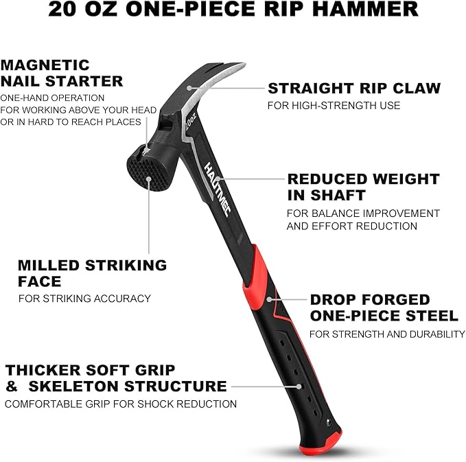 HAUTMEC 20 oz. One Piece Forged Framing Hammer With Straight Rip Claw Hammer, Milled Face, Shock-Absorbing Grip, with Magnetic Nail Holder, HT0371-HM