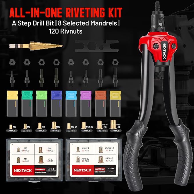 Rivet Nut Tool Kit with a Step Drill Bit, 120 Nutsert, Heavy Duty Rivnut Tool with 8 SAE & Metric Mandrels M5 M6 M8 M10 10-24 1/4-20 5/16-18 3/8-16 in Organized Carrying Case (NT700)