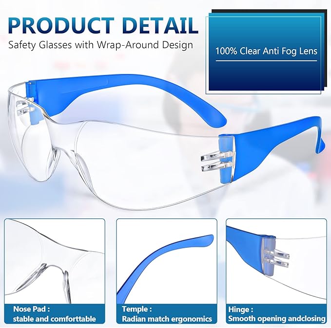 96 Pairs Clear Safety Glasses Bulk Adult Safety Goggles Unisex Eye Protection Glasses Impact Resistant Protective Eyewear with Assorted Color Frame for Men Women Lab Construction Carpentry Shooting