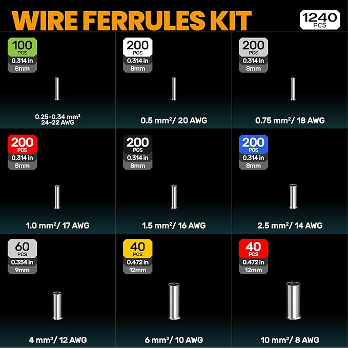 SOMELINE Non-Insulated Ferrule Crimping Tool Kit,Self-Adjusting Crimping Pliers for wire ferrules AWG 24-8,with 9 Sizes Non-Insulated Wire Ferrules,Square Crimping Pliers Crimp Connector Kit