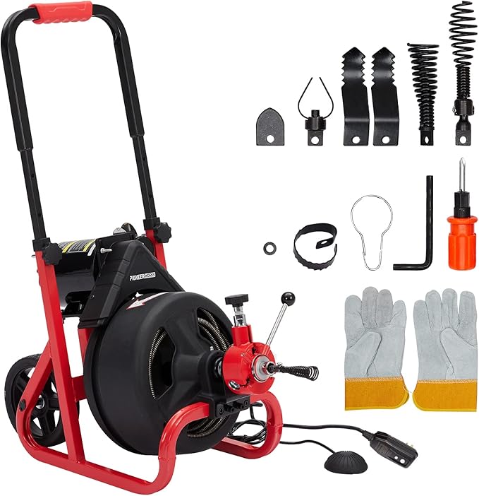 PioneerWorks 75Ft x 1/2 Inch Drain Cleaner Machine, Auto-feed Electric Drain Auger Professional for 2 to 4 Inch Pipes, with 6 Cutters, Glove, Drain Auger Cleaner Sewer Snake