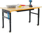 60" Adjustable Workbench on Wheels, 2000 LBS Heavy Duty Work Table with Power Outlets & Pegboard, Rubber Wood Workstation for Garage, Workshop, Office, Home, Commercial