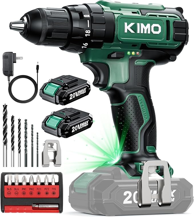 KIMO 20V Cordless Drill Set with 2 Packs 2.0Ah Battery, Max 350 In-lb Torque, 1350 RPM, 3/8" Keyless Chuck, 18+2 Clutch Setting, 18pcs Accessories, Power Drill for Drilling Wood Bricks Walls Metal