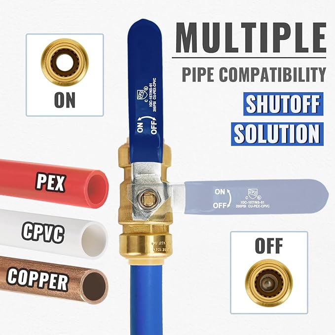 Shut Off Ball Valve 1 Inch, SUNGATOR 1 Inch Ball Valve, Push-to-Connect Water Shut off Fittings with Blule Handle, No Lead Brass Push Plumbing Fittings for PEX Pipe, Copper, CPVC, Pack of 1