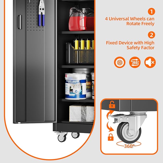 Garage Storage Cabinet with Wheels Pegboard and 5 Adjustable Shelves, 71'' x 32'' x 16''Metal Lockable Cabinet with Magnetic Doors,Tool Storage,Home Office Garage,Gym,School (Black)