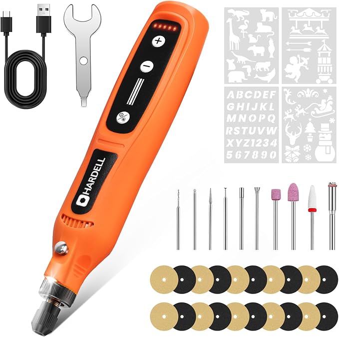 HARDELL Engraving Pen, Cordless Rechargeable Engraver Pen,5 Speed Engraver Tool For Metal, Wood, Plastic And Glass, Engrave 50+ Surfaces with 6 Carving Bit, 3 polishing bit, 20 Sandpaper, 4 Stencils