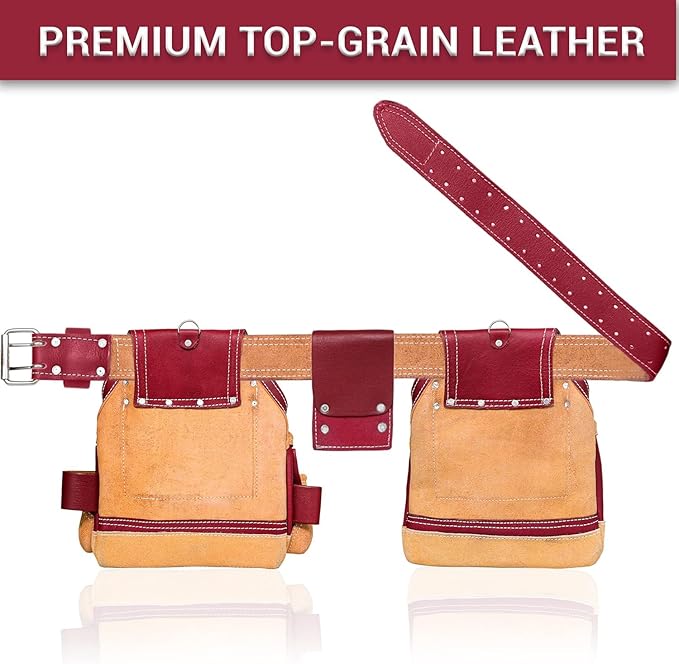FUERI Leather Tool Belt Suspenders for Carpenters Construction Electricians Framers Bags Pouches Holder Organizer Set(16 Pocket Maroon Tool Belt Set, Adjustable)