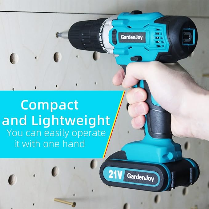 GardenJoy Cordless Power Drill Set - 21V Electric Drill Driver Kit with Battery and Fast Charger, 65pcs Acessories, 2 Variable Speed Control, 3/8-Inch Keyless Chuck and 24+1 Torque Setting