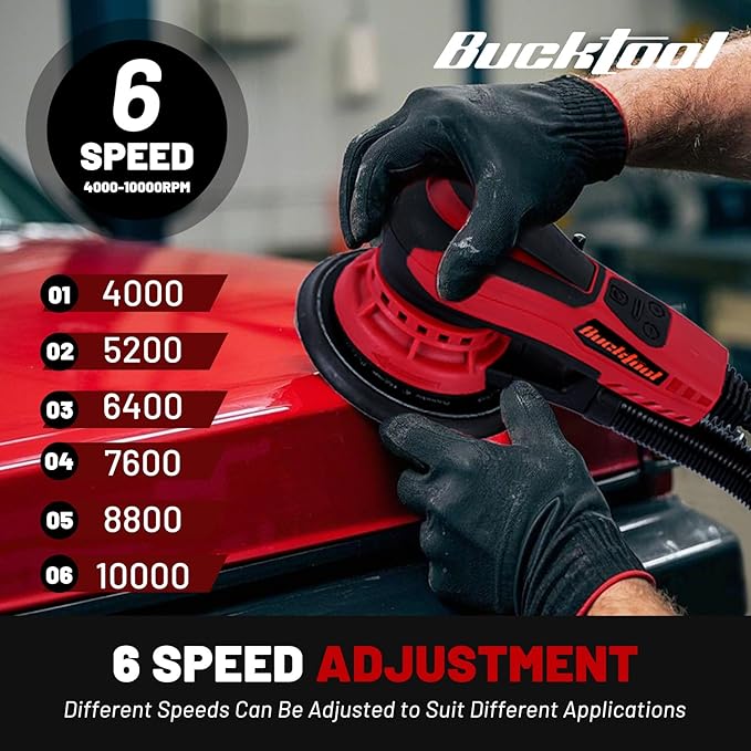 Bucktool 3.0 Amp 6 Inch Orbital Sander Brushless Motor, 4000-10000 Variable Speed, 5mm Orbit Diameter, with Precision Dust Control & 4 Sanding Pads