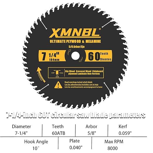 7-1/4-Inch 60-Tooth Fine Circular Saw Blade,Replacement for Diablo D0760A D0760X,DeWalt DWA171460 Wood Cutting Circular Saw Blade,Compatible with Skip,Dewalt,Milwaukee7-1/4 Circular Saw,5/8-Inch Arbor