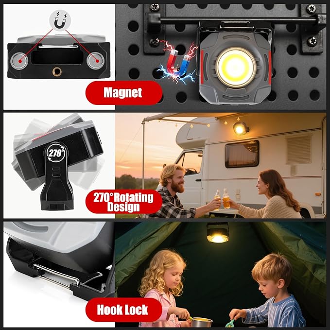 SUNPRO Magnetic Work Light Rechargeable, Portable FloodLight with Hook, Stepless Dimmable for Camping Car Repairing Emergency Job Site Lighting(2, Grey)