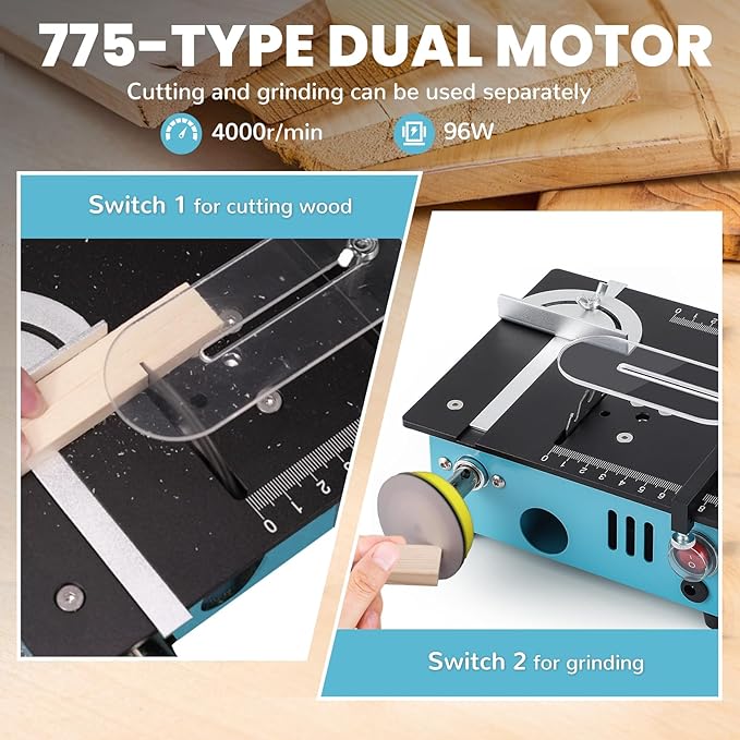 Mini Table Saw, 96W Dual Motor Control 4 Blades Set Cut Thickness 12MM 0-90° Adjust Small Table Saw for Hobby DIY Model Wood Cutting