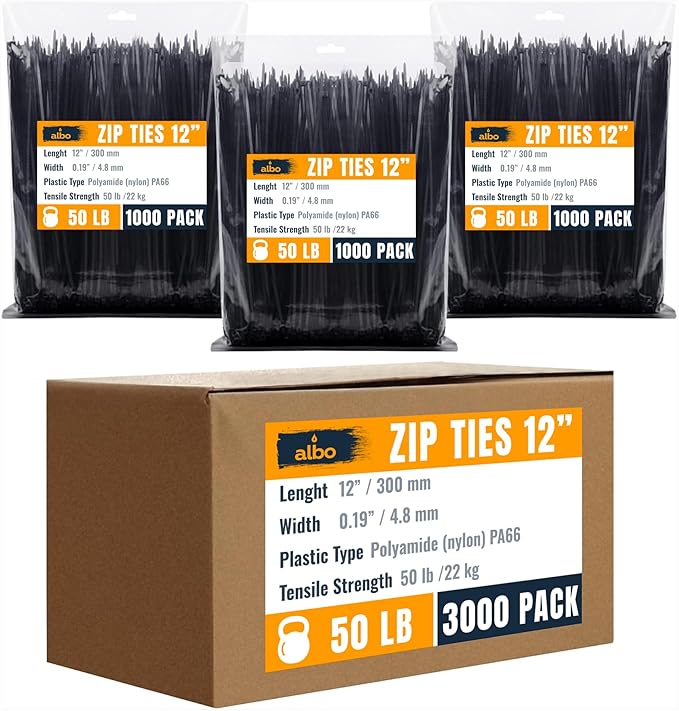 ALBO Zip Ties Black 12 Inch 3000 Pack 50 lb, Long Plastic Cable Ties Thick 0.19 Inch Tie Wraps Heavy Duty UV Resistant Nylon Wire Ties for Indoor and Outdoor / 12х3000