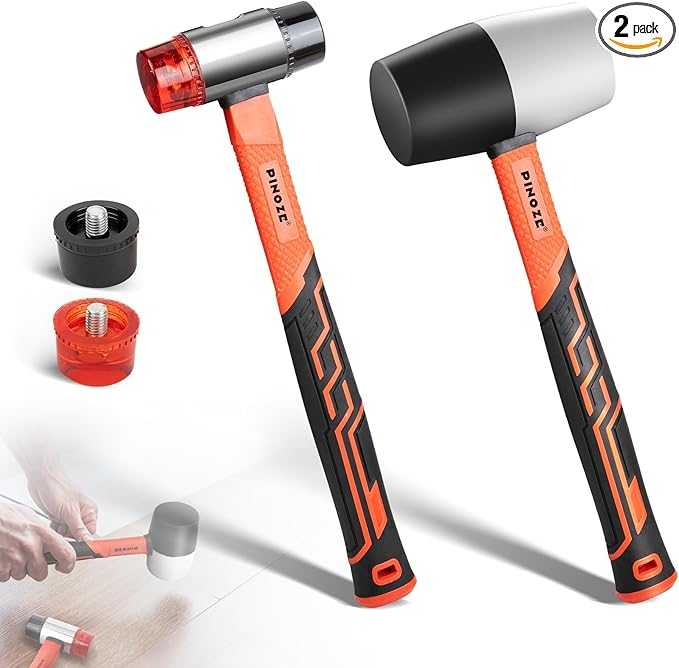 2-Piece Rubber Mallet Hammer Set, 16oz Rubber Hammer & 35mm Double-Faced Soft Mallet with 2pcs Relaceable Heads, Fiberglass Shockproof Cushioned Grip, Damage-Free to Floor, Tile, Crafts