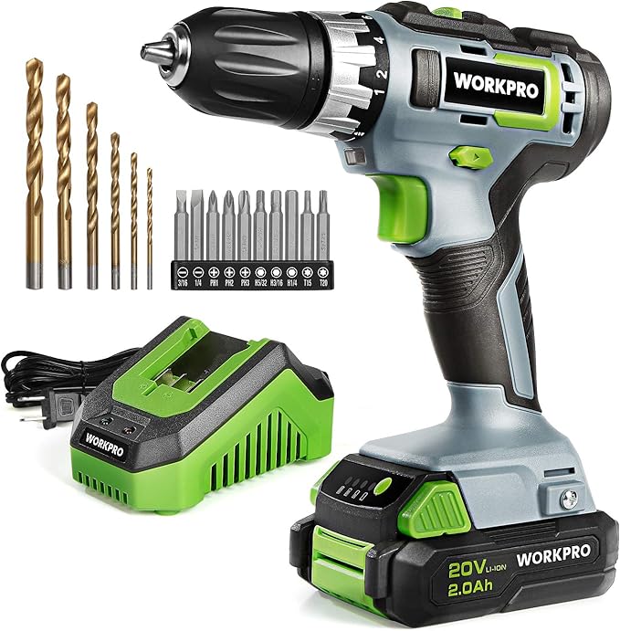 WORKPRO 20V Cordless Drill/Driver Kit, 3/8”, 18+2 Torque Setting, Variable Speed, 2.0 Ah Li-ion Battery and 1 Hour Fast Charger