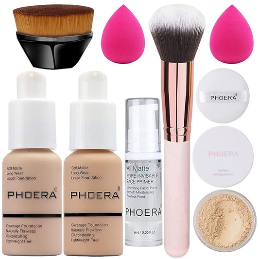 Makeup Kit for Women Included 2 Phoera Foundation SPF 20+ 30ml Matte Oil Control, 2 Kabuki Makeup Brushes, Phoera Primer, Powder Foundation, 2 Makeup Sponges (101 Porcelain + 102 Nude)-VeraVaultWomen