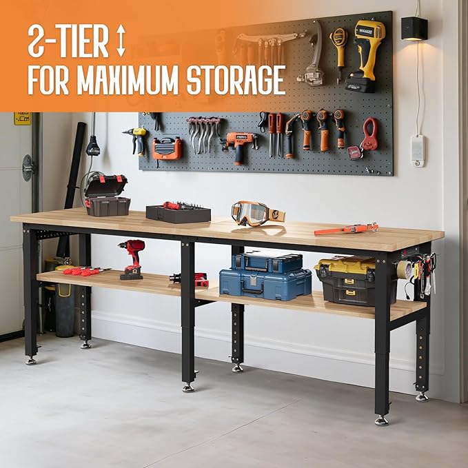 SPECRAFT Adjustable 2-Tier Workbench with 4 AC Outlet and 2 USB Ports Power Outlets, 2000 Lbs Capacity Heavy Duty Workbench, Rubber Wood Top for Garage, Workshop, Office（96x20in）