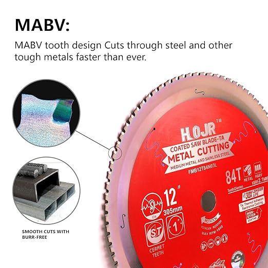 Metal Cutting Circular Saw Blade, Steel and Stainless Steel Cutting, The Cutting Head uses a Special Anti-Heat Sticking Coating with high Finish and Long Life,FMB 12 inch 84-Tooth 1" -TA