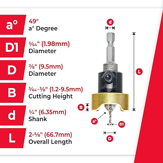 Amana Tool 82 Degree Countersink with Drill Bit Depth Stop and No-Thrust Ball Bearing, 55226, 3/8 D x 3/32 Drill D x 1/4 Inch Quick Release Hex Shank
