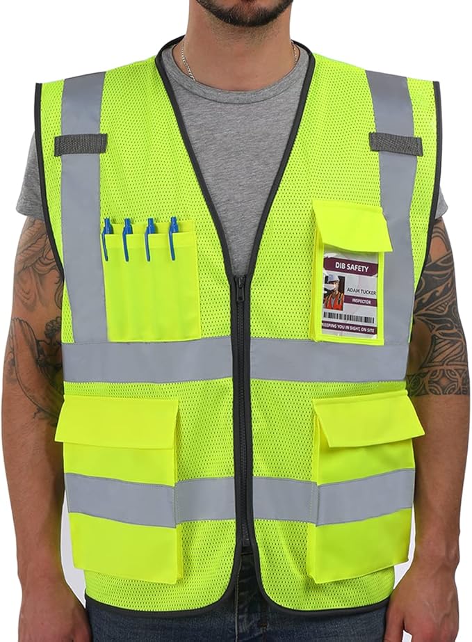 Dib Safety Reflective Vest Mesh, High Visibility Vest with Pockets and Zipper, Construction Work Vest ANSI Class 2, Yellow Mesh 2XL