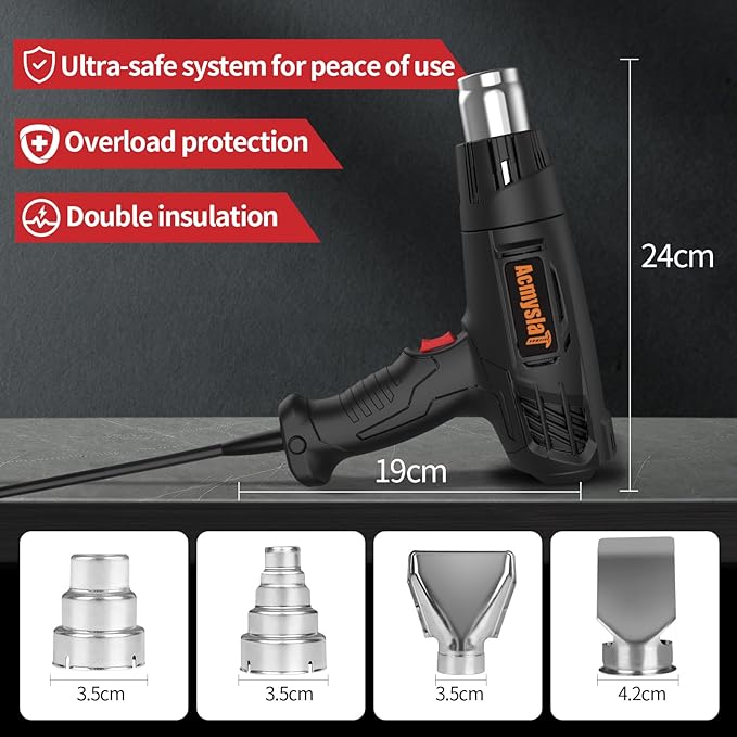 Heat Gun Heavy Duty Soldering Hot Air Gun Variable Temperature Settings 572℉~932℉ (300℃-500℃) with 4 Heat Gun Attachment Nozzles Kit for Shrink Tubing, Wrap, Crafts, Resin