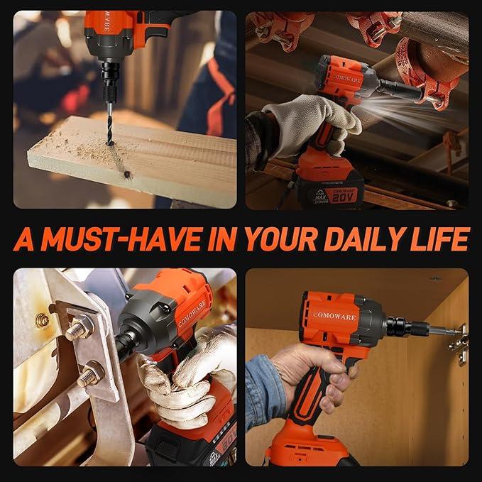 COMOWARE 20V Brushless Impact Wrench, 650N.m (480 ft-lbs) Power Cordless Impact Gun with 4.0Ah Battery & Fast Charger, 1/2" Compact Design, 3-Speed Control (0-3000 RPM), LED Light, 6Pcs Sockets