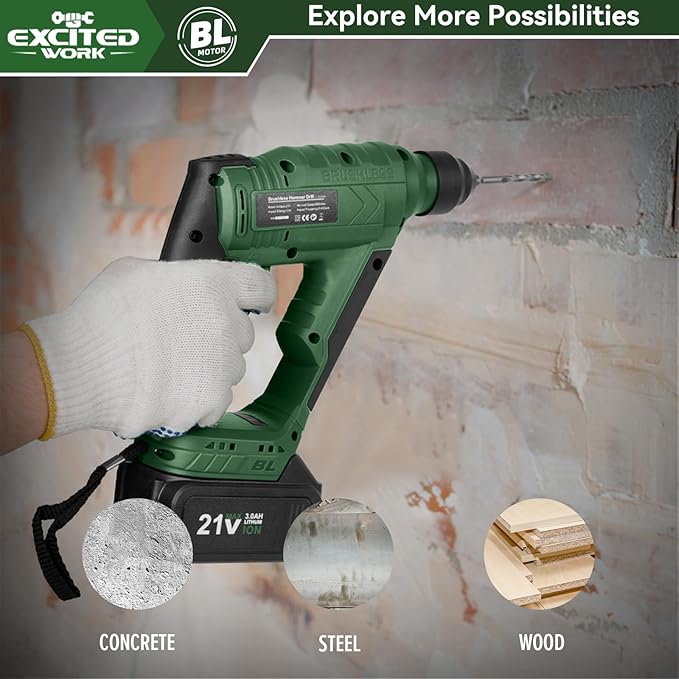 21V Max Cordless 2.0J Rotary Hammer Drill Kit with 3.0 Ah Battery, Brushless Motor and 2 Functions for Concrete, Fast Charger, 4000IPM, 3 Drills for Masonry, Metal and Wood