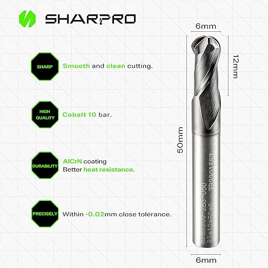 Carbide Ball Nose End Mills Set 2 Flute 6mm SHK. 6mm Cutting Dia. 3D Carving, High-Speed and Deep Cutting, AlCrN Coated, Apply for Alloy Steel, Stainless Steel and Various Cast Iron. (5PCS)